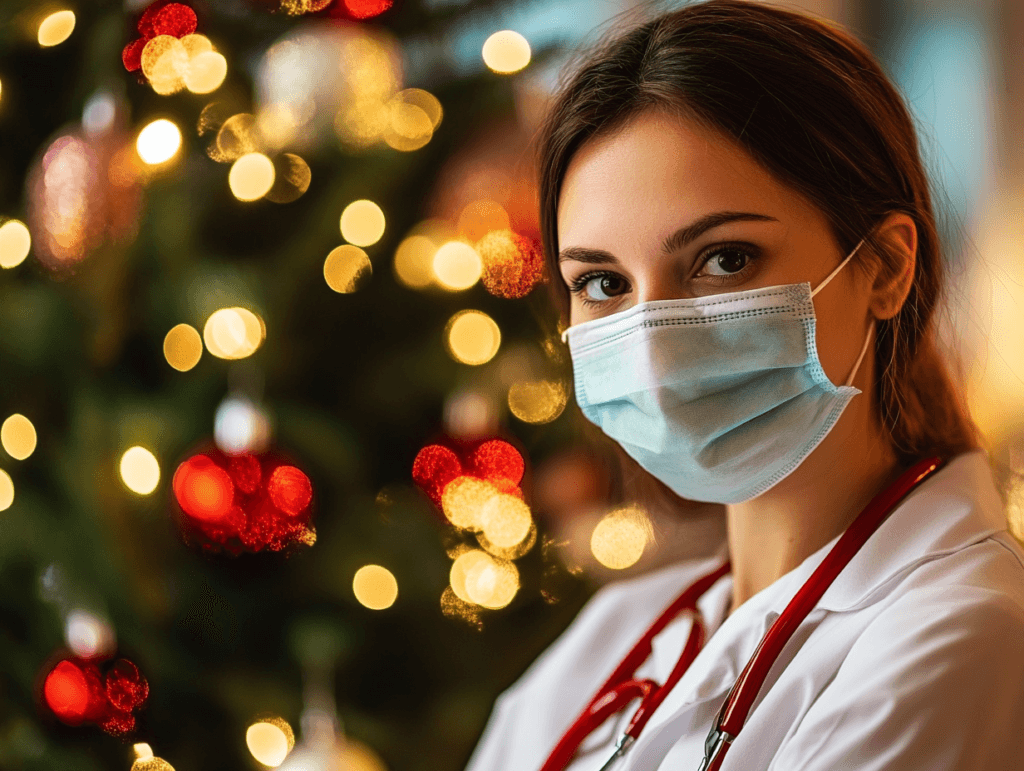 Une médecin chez URG+ devant un sapin de Noël
