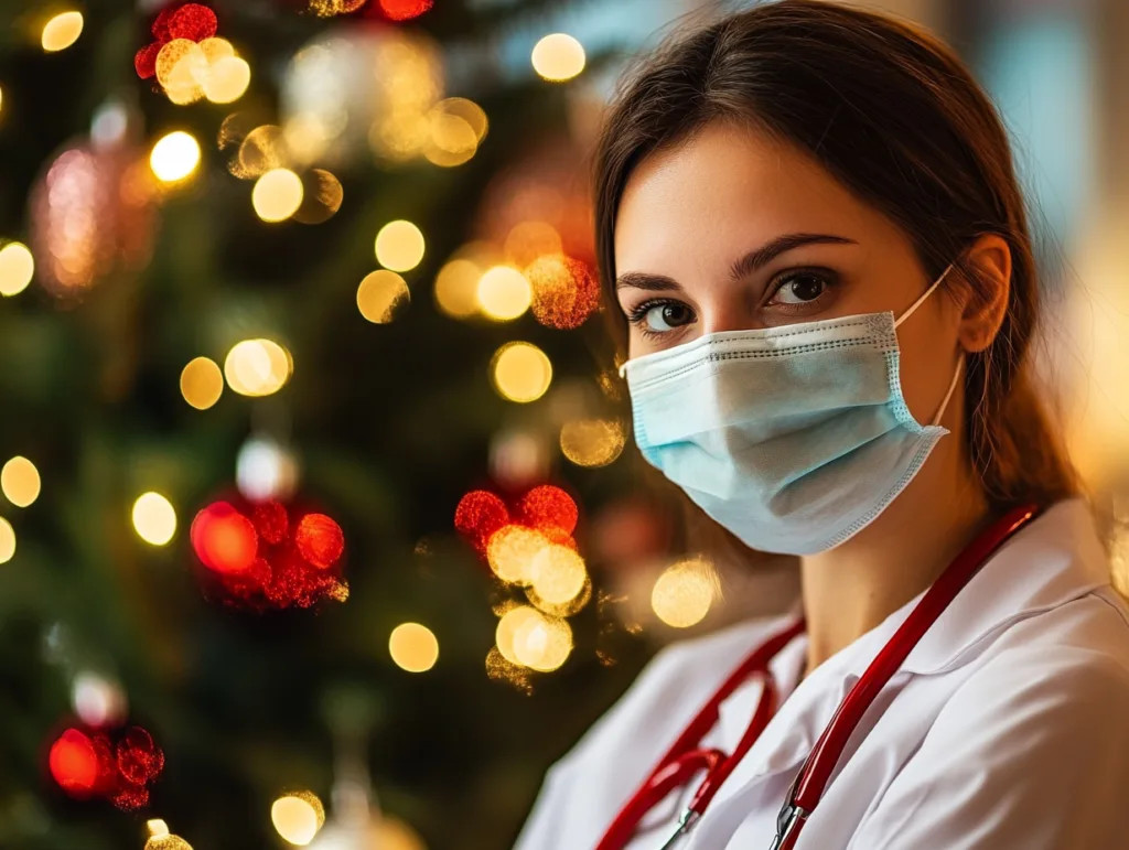 Une médecin chez URG+ devant un sapin de Noël